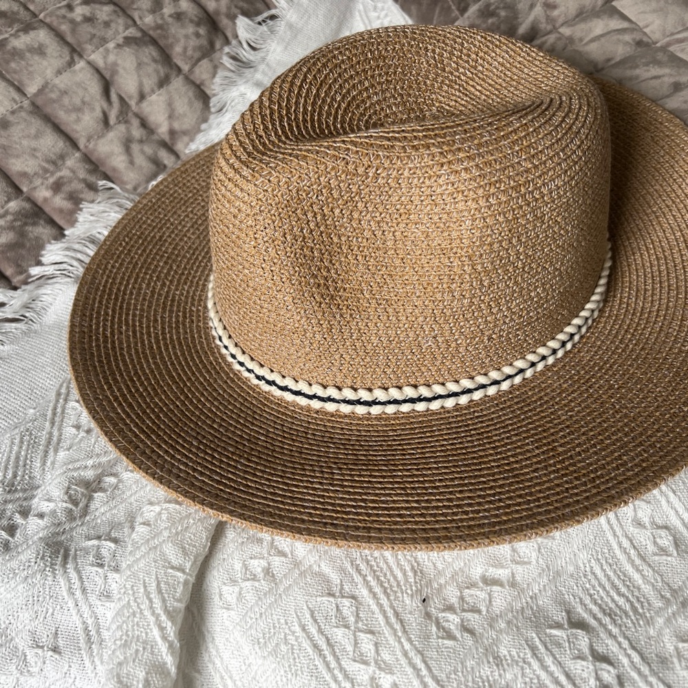 Stylish Tan Straw Hat with White Band